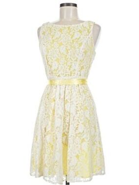 Feminine Eliza J Yellow and White Lace Fit-and-Flare Elegant Dress/ Nordstrom 6P
